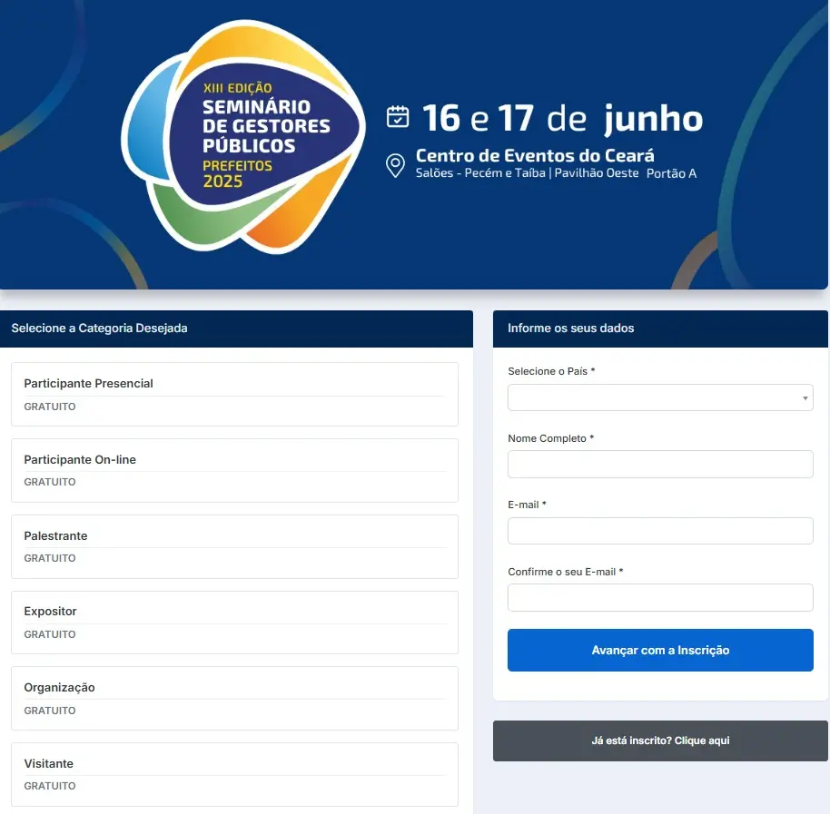 Imagem do painel de inscrição para o XIII Seminário de Gestores Públicos 2025, que ocorrerá nos dias 16 e 17 de junho no Centro de Eventos do Ceará.