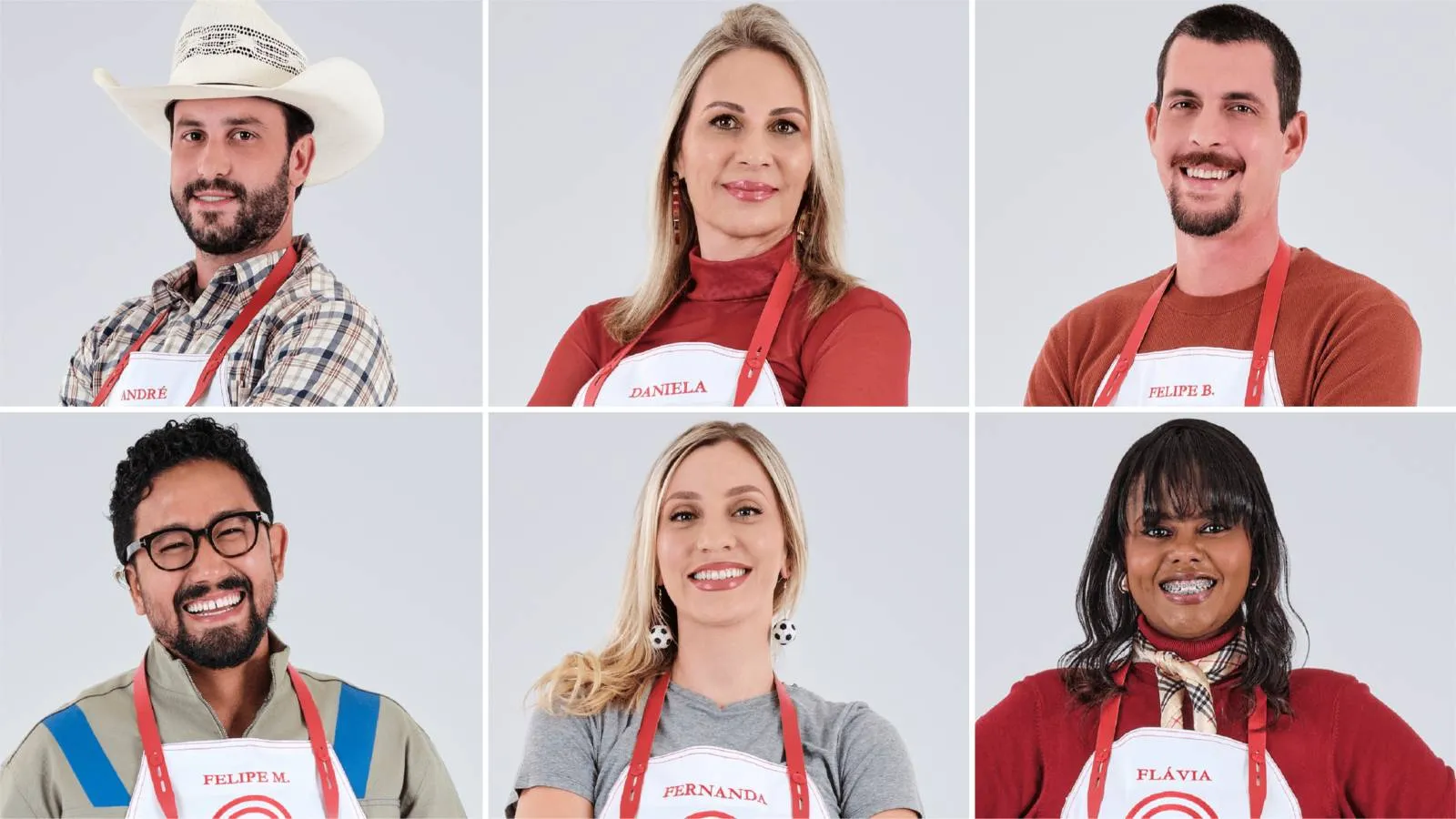 Na primeira linha, da esquerda para a direita, estão André, Daniela e Felipe B. Já na linha de baixo, também da esquerda para a direita, estão Felipe M., Fernanda e Flávia