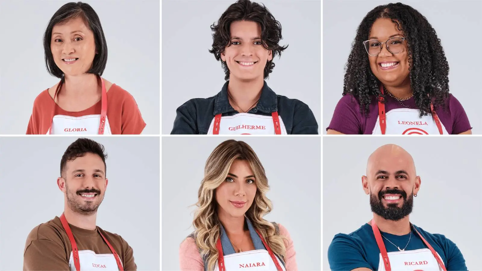 Colagem traz imagens dos novos participantes do MasterChef 2025: na primeira linha, da esquerda para a direita, estão Gloria, Guilherme e Leonela. Já na linha de baixo, também da esquerda para a direita, estão Lucas, Naiara e Ricard.