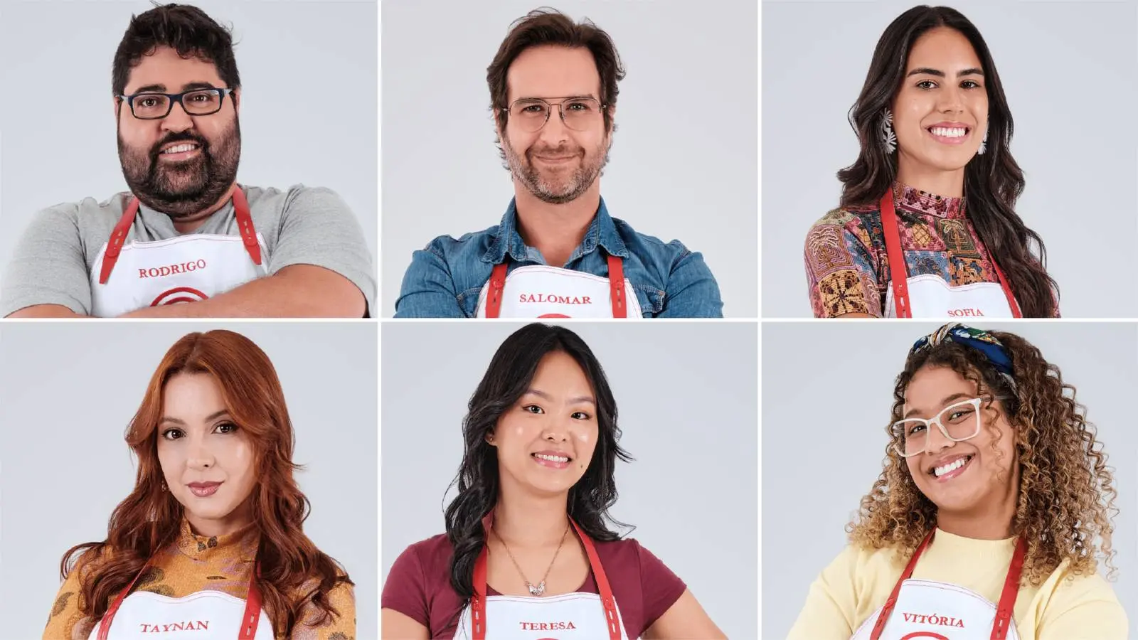Colagem traz imagens dos novos participantes do MasterChef 2025: na primeira linha, da esquerda para a direita, estão Rodrigo, Salomar e Sofia. Já na linha de baixo, também da esquerda para a direita, estão Taynan, Teresa e Vitória.