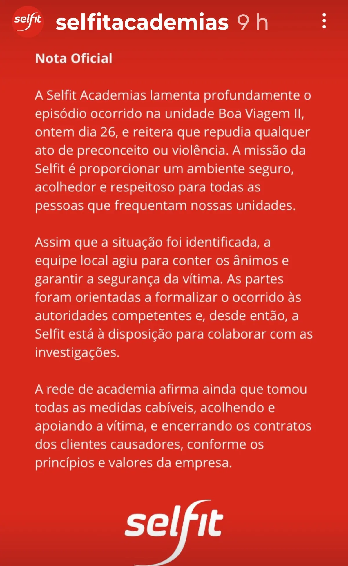 Aviso oficial da Selfit Academias condenando ato de violência na unidade Boa Viagem II, reforçando compromisso com ambiente seguro e acolhedor.