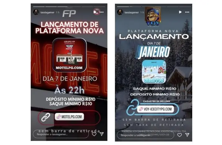 Prints de divulgações de jogos de azar nas redes sociais, por influenciadores digitais investigados