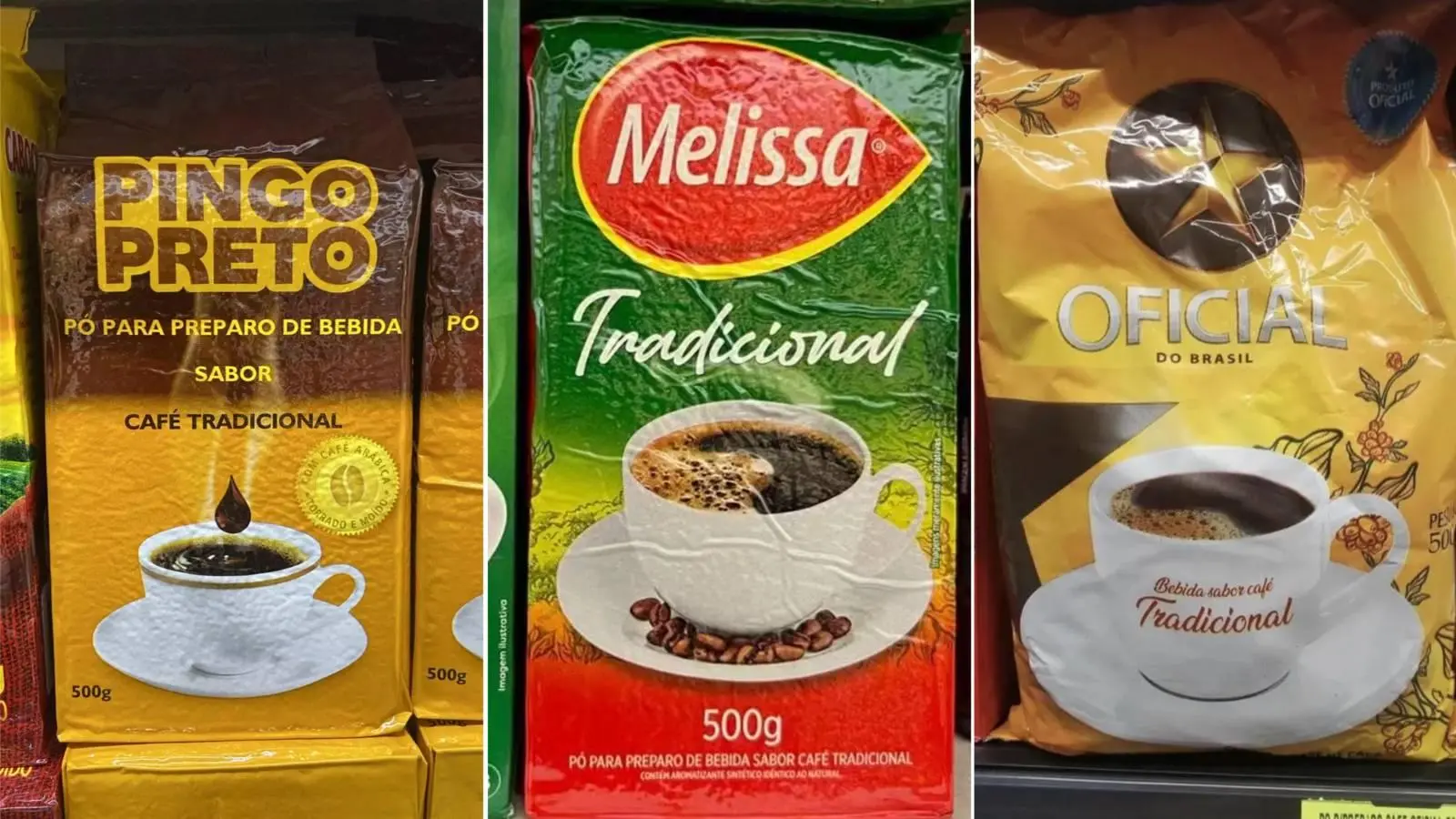 Imagem mostra bebida sabor café, o dito café fake, das marcas Pingo Preto, Melissa e Oficial, café fake proibidos pela Anvisa