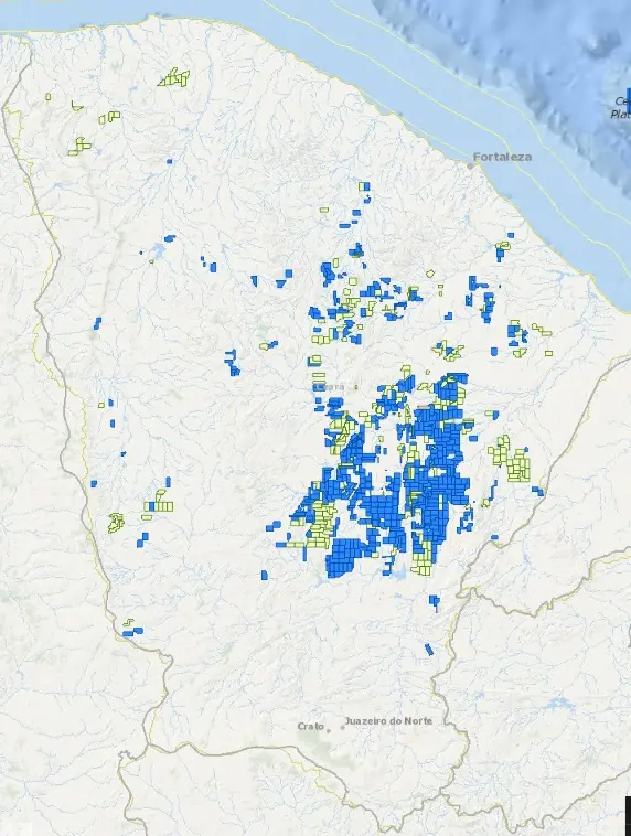 Mapa da Agência Nacional de Mineração que mostra projetos interessados em extrair lítio no Sertão Central do Ceará, principalmente na cidade de Solonópole
