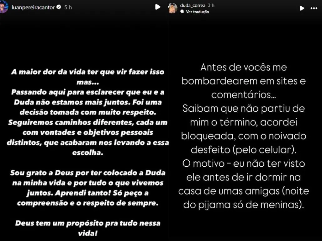 Fotos das publicações feitas por Luan Pereira e Duda Corrêa anunciando o fim do relacionamento
