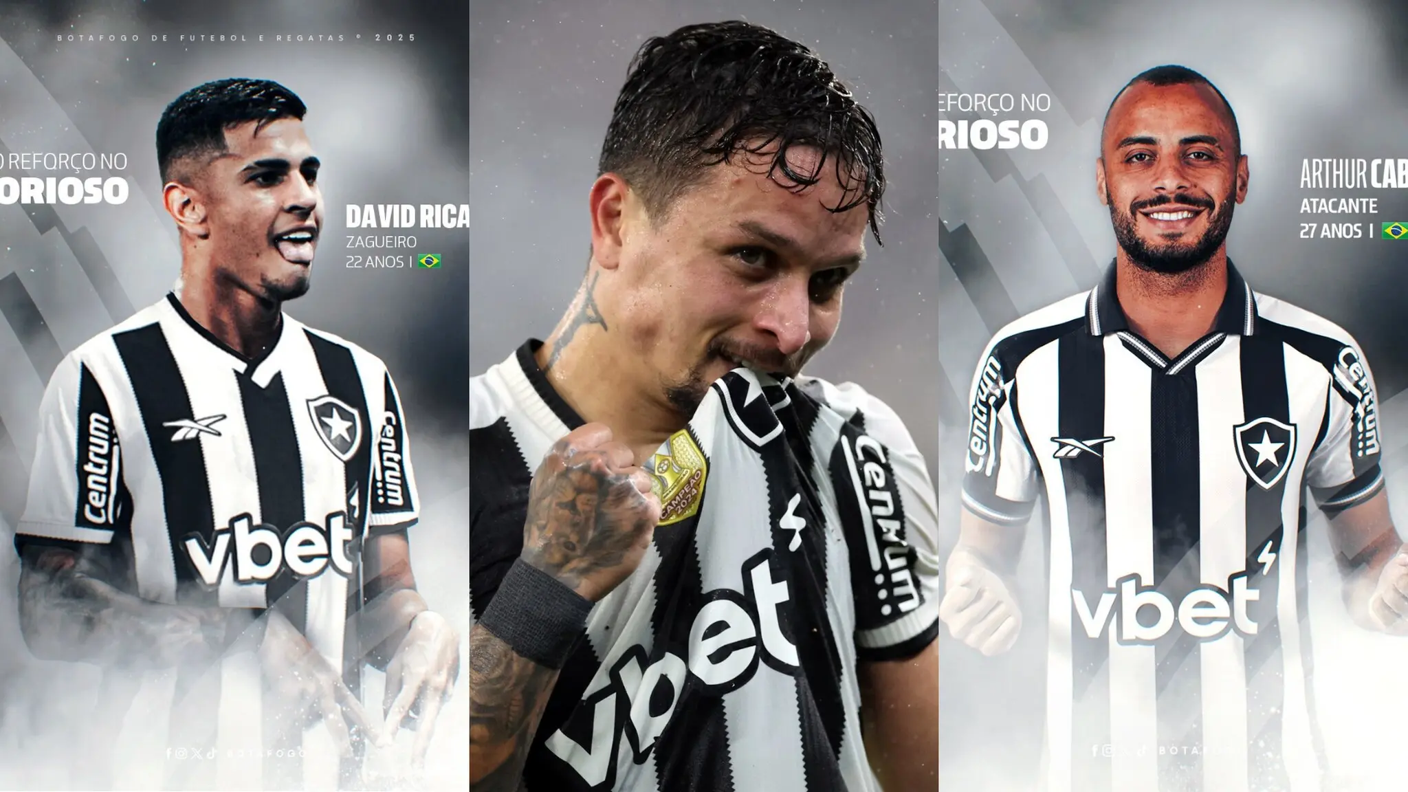 Montagem de fotos de David Ricardo, Artur Victor e Arthur Cabral, jogadores do Botafogo