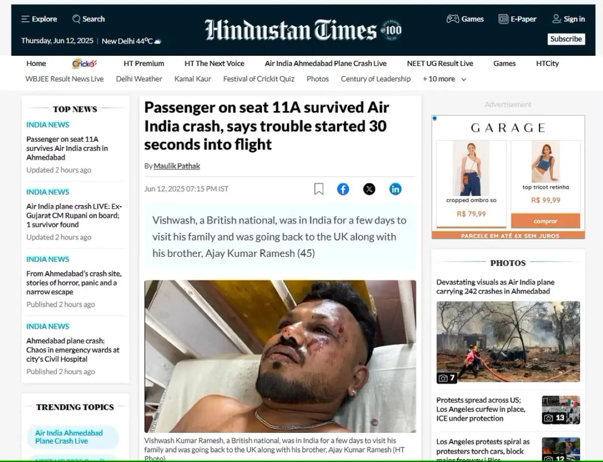 Captura de tela de jornal indiano que mostra sobrevivente de queda de avião