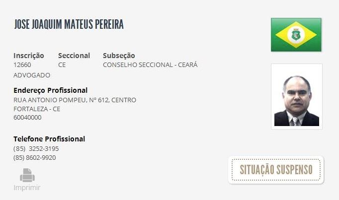 Cadastro do advogado Joaquim Mateus no Cadastro Nacional dos Advogados da OAB