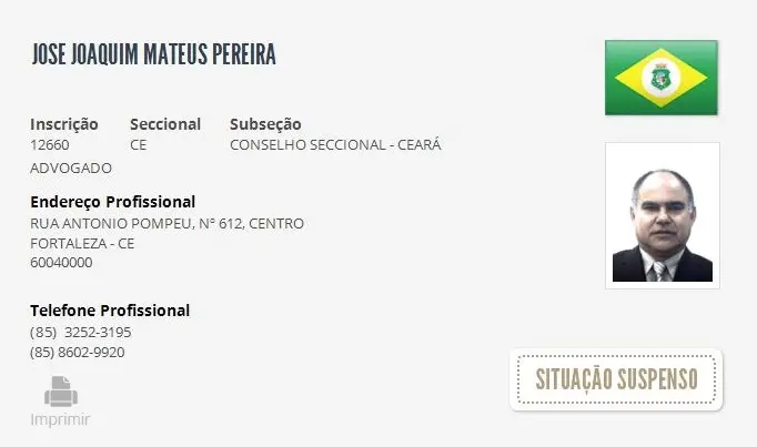 Cadastro do advogado Joaquim Mateus no Cadastro Nacional dos Advogados da OAB