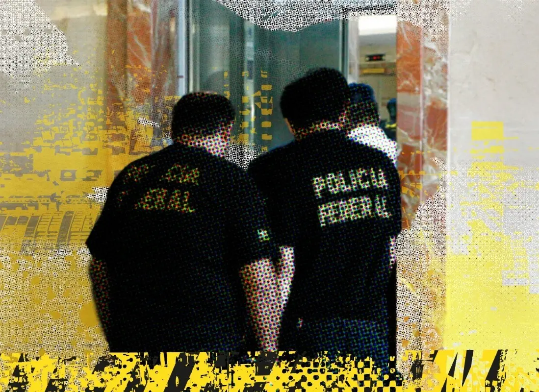 Imagem ilustrada a partir de foto de policiais federais em prédio da Justiça Estadual durante a Operação Expresso 150