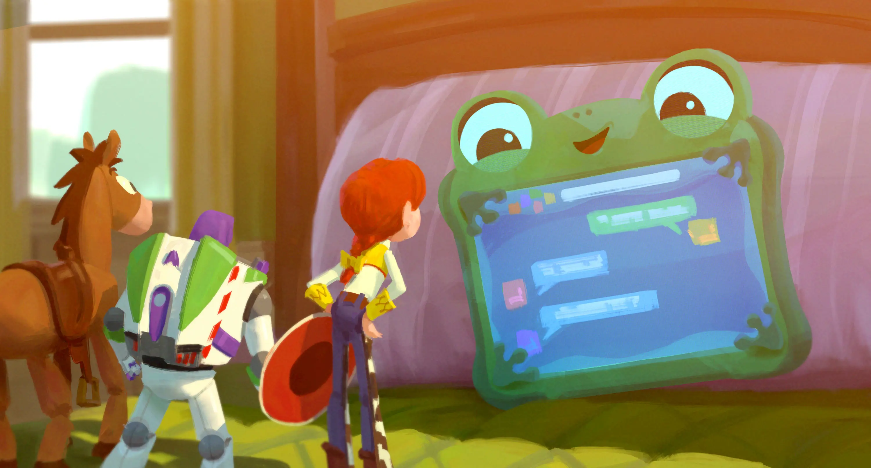 Cena da animação Toy Story 5 com personagem Jessie, Buzz Lightyear e uma personagem de videogame com uma expressão sorridente Godzilla na cama.