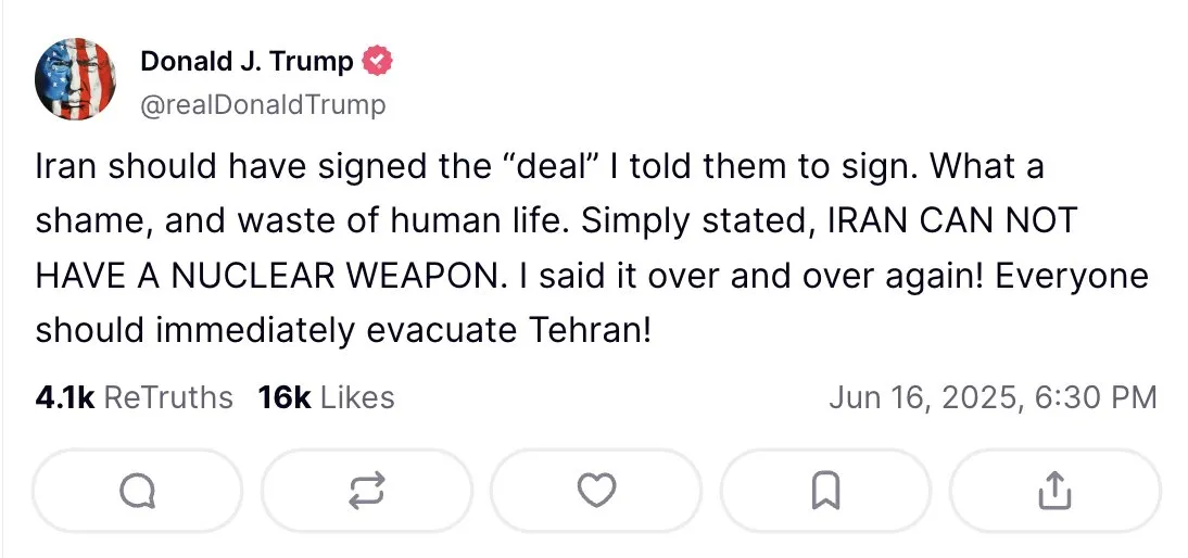 Trump pediu que a população evacue a capital iraniana 