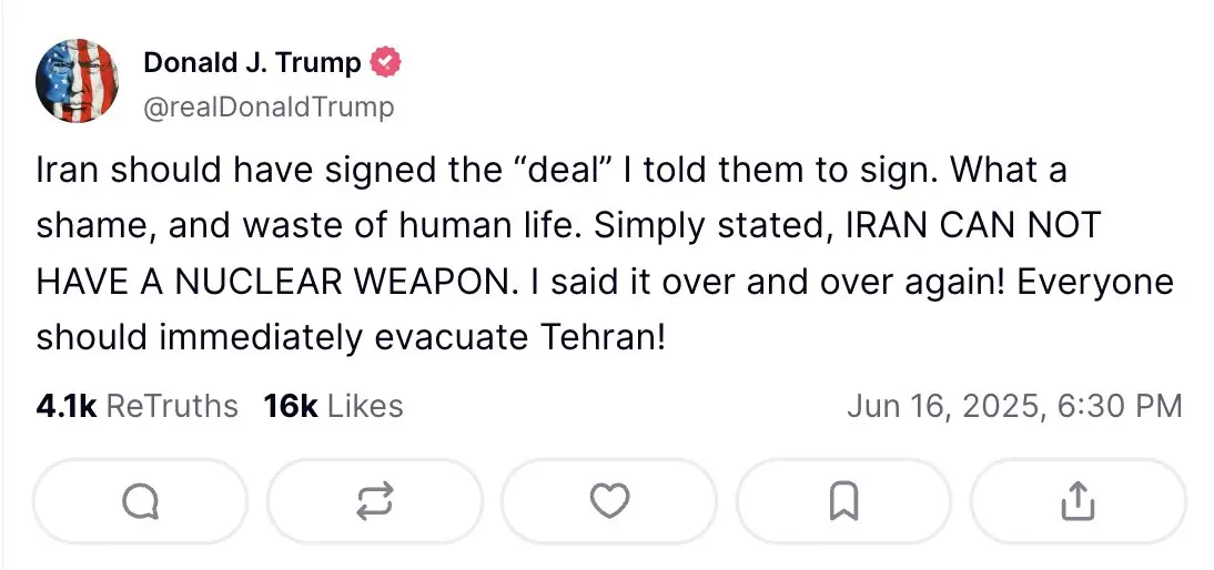 Trump pediu em sua rede social que a população evacue a capital iraniana 