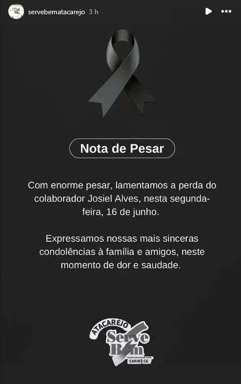 Atacarejo publicou nota de pesar