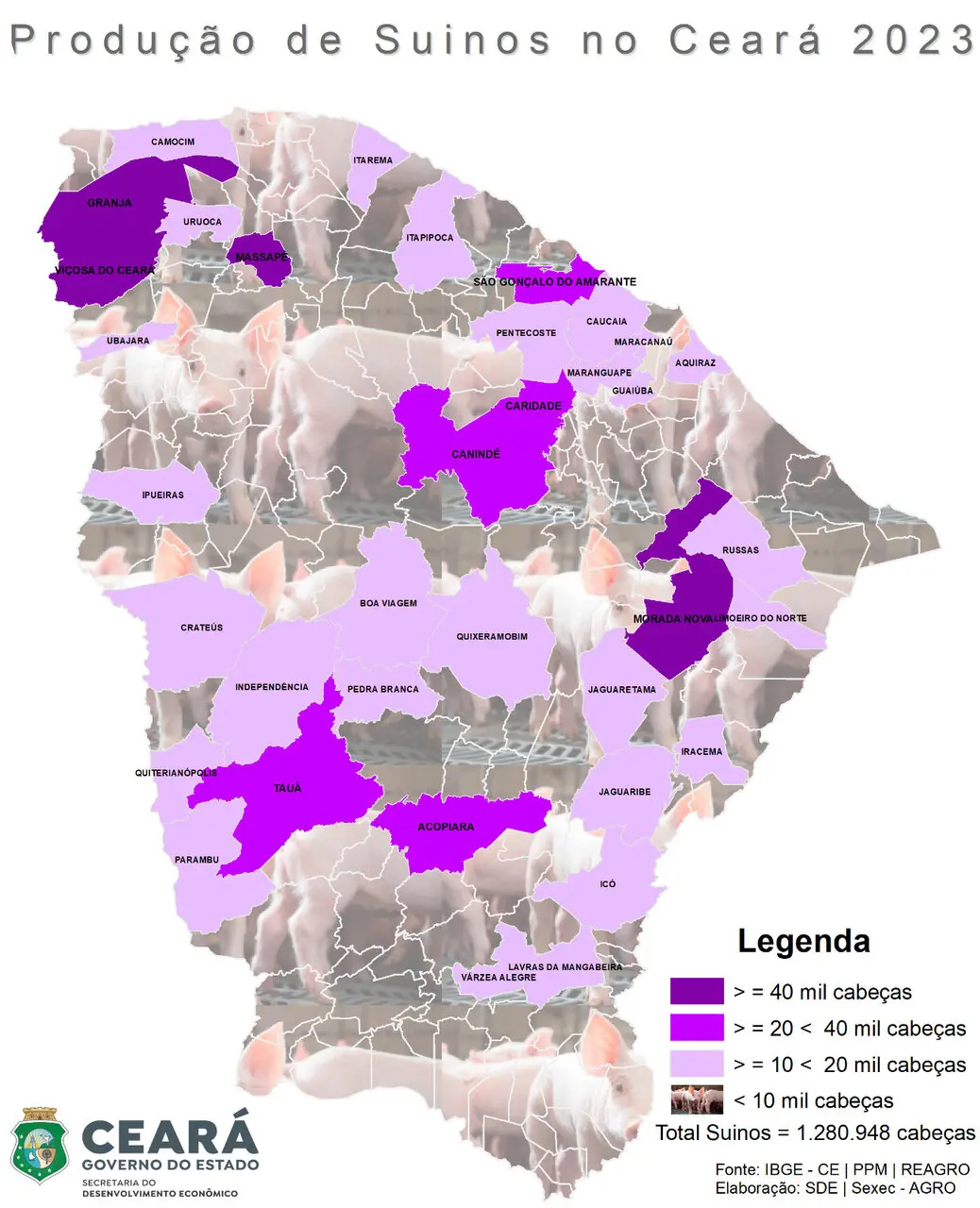Mapa com criação de suínos por cidade cearense