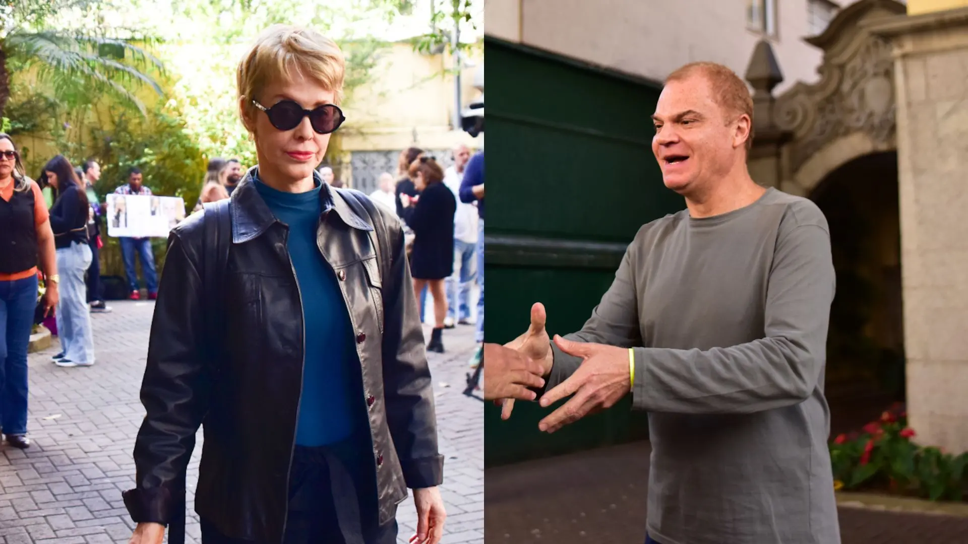 Imagem de uma mulher elegante usando óculos escuros, jaqueta de couro e roupa azul, ao lado de um homem sorridente em um cenário urbano, ambos em uma cidade ao ar livre.