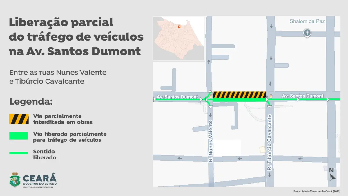 Mapa explicando a liberação parcial do tráfego na Av. Santos Dumont, entre as ruas Nunes Valente e Tibúrcio Cavalcante, com destaque para vias interditadas e liberadas em Fortaleza.