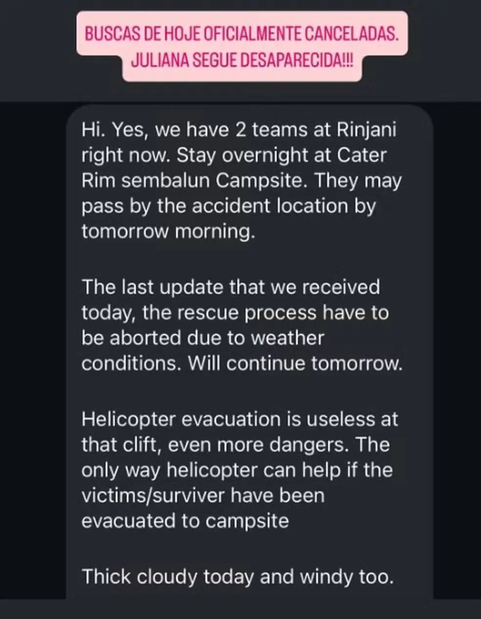 Na imagem, publicação realizada pela irmã da brasileira que caiu em trilha de vulcão que estava desaparecida na Indonésia, Juliana Marins