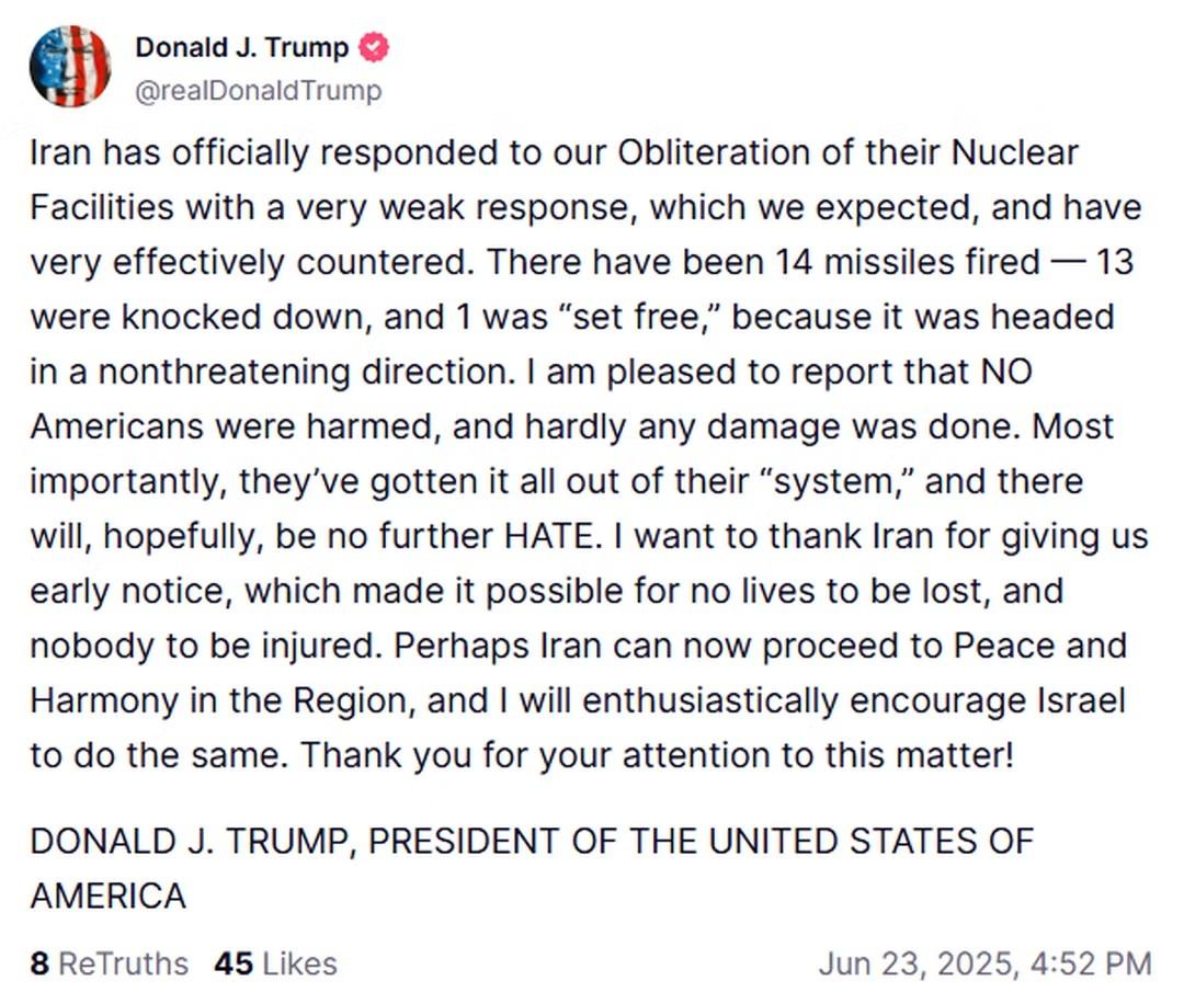 Print da postagem de Trump