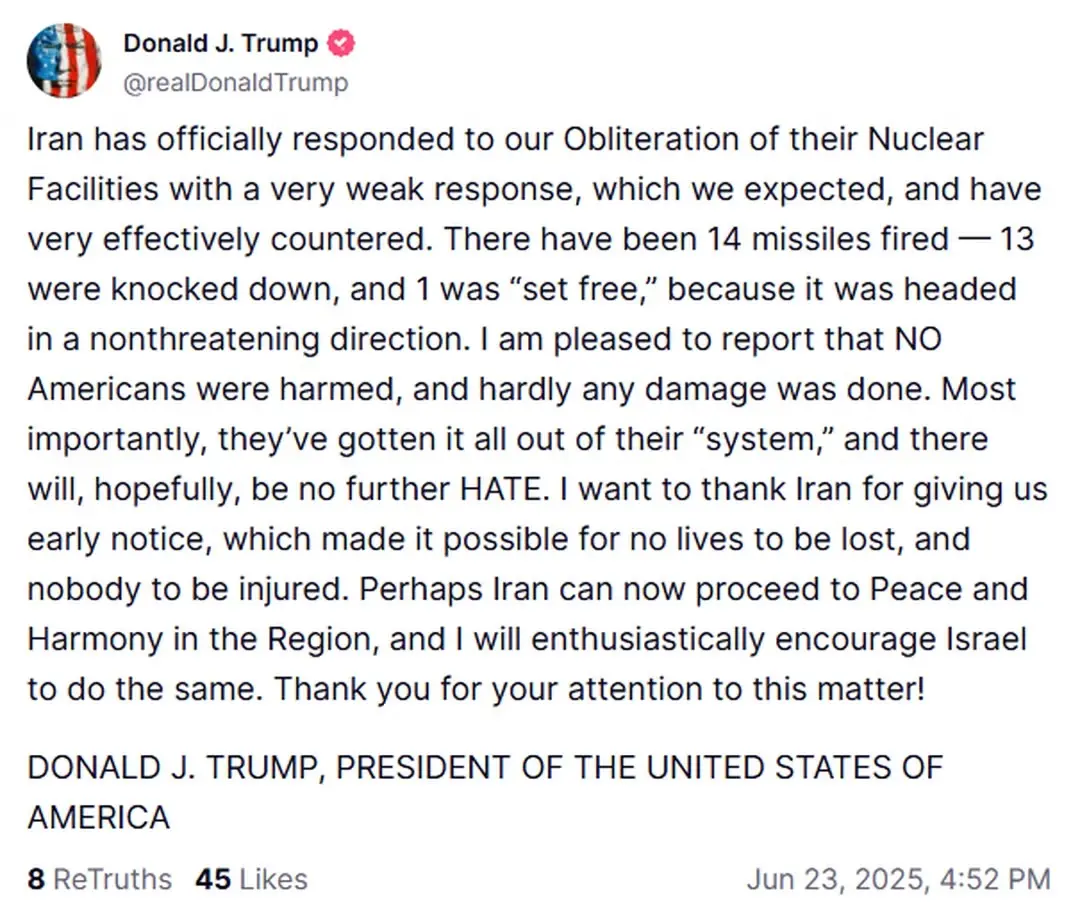 Print da postagem de Trump