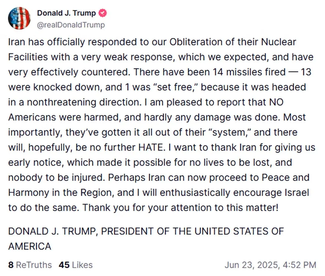 Trump em publicação na sua rede social, a Truth Social