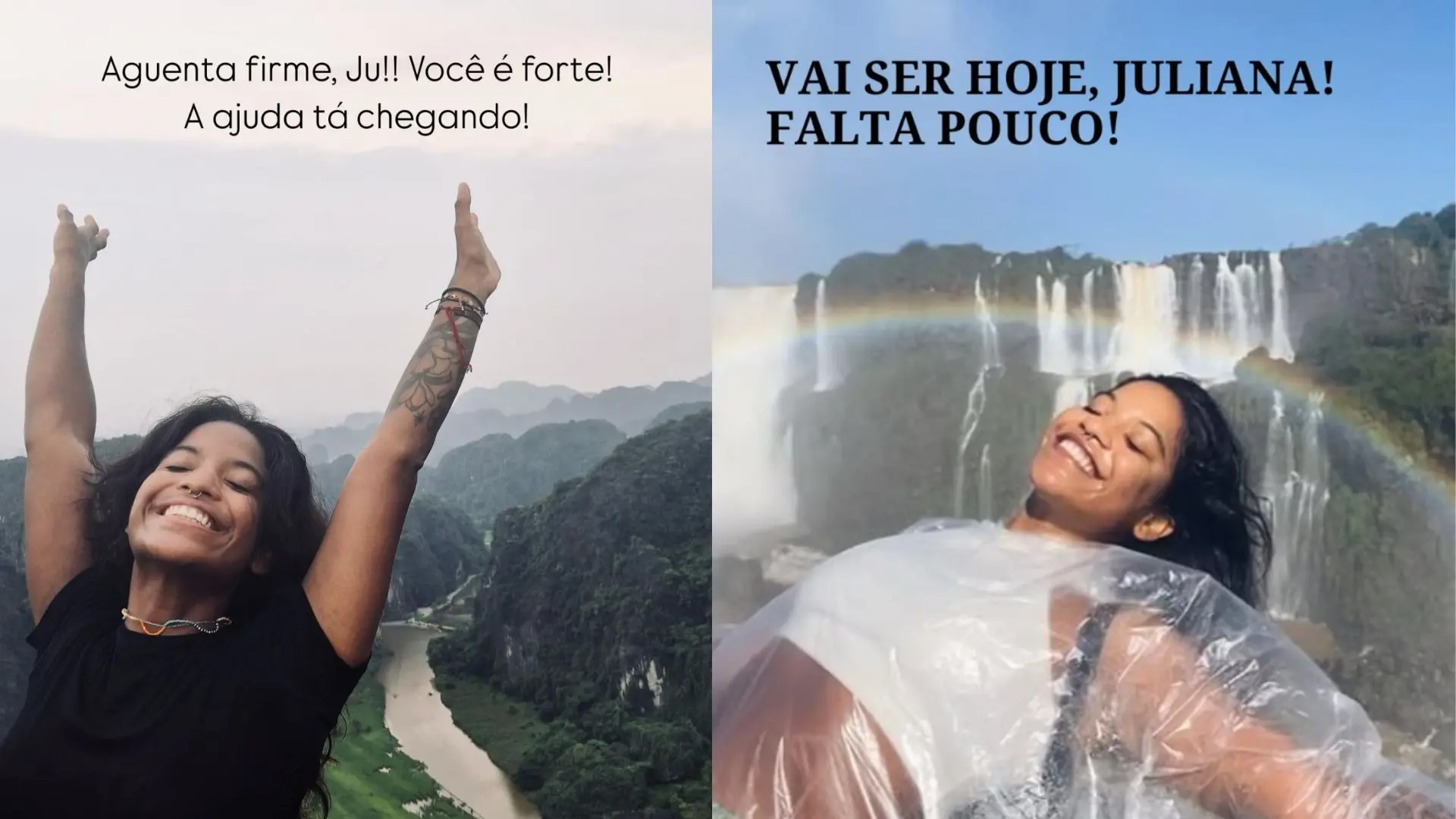 Imagem de Juliana Marins feliz e com cachoeiras ao fundo, celebrando momentos especiais e mostrando força e alegria na natureza, ideal para motivação e bem-estar.