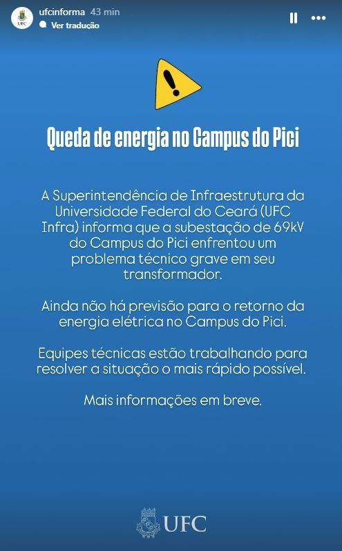 reprodução de post com texto da ufc sobre explosão em subestação de energia campus do pici, em fortaleza