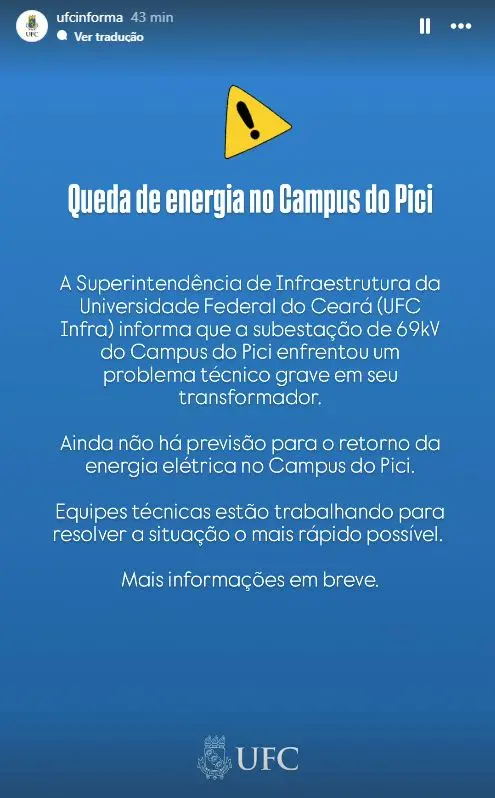 reprodução de post com texto da ufc sobre explosão em subestação de energia campus do pici, em fortaleza