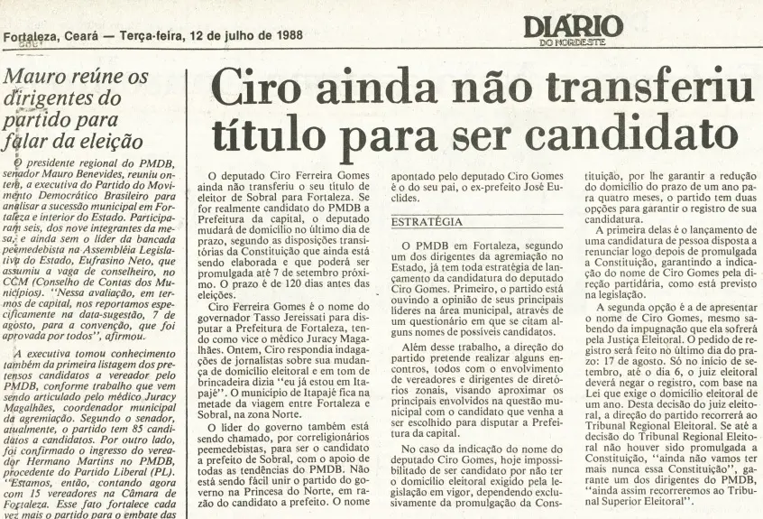 Edição do Diário do Nordeste de 12 de julho de 1988