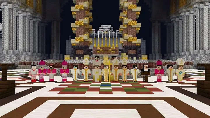 Cena no jogo Minecraft de personagens decorados com roupas tradicionais, em um ambiente festivo decorado com castelos e bandeiras, celebrando uma ocasião especial.