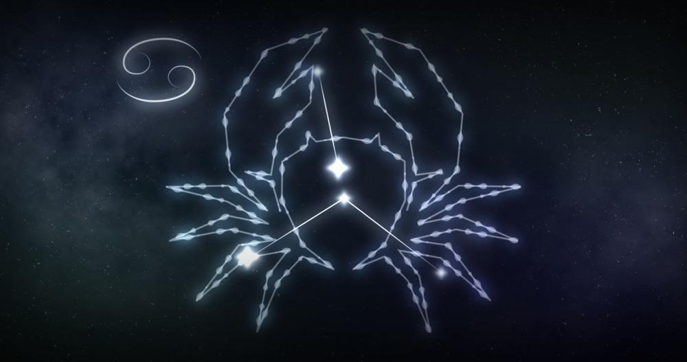 Ilustração de uma constelação que forma um caranguejo no espaço, com estrelas conectadas por linhas brilhantes e um fundo estrelado, simbolizando o signo de Câncer.