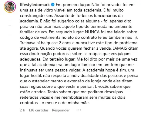 Captura de tela do comentário do aluno da academia Hope respondendo publicação após afirmar ter sofrido constrangimento por usar bermuda na academia