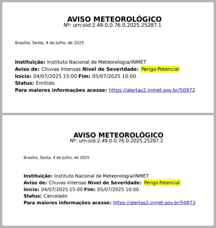 montagem com os dois avisos do Inmet sobre as chuvas no CE
