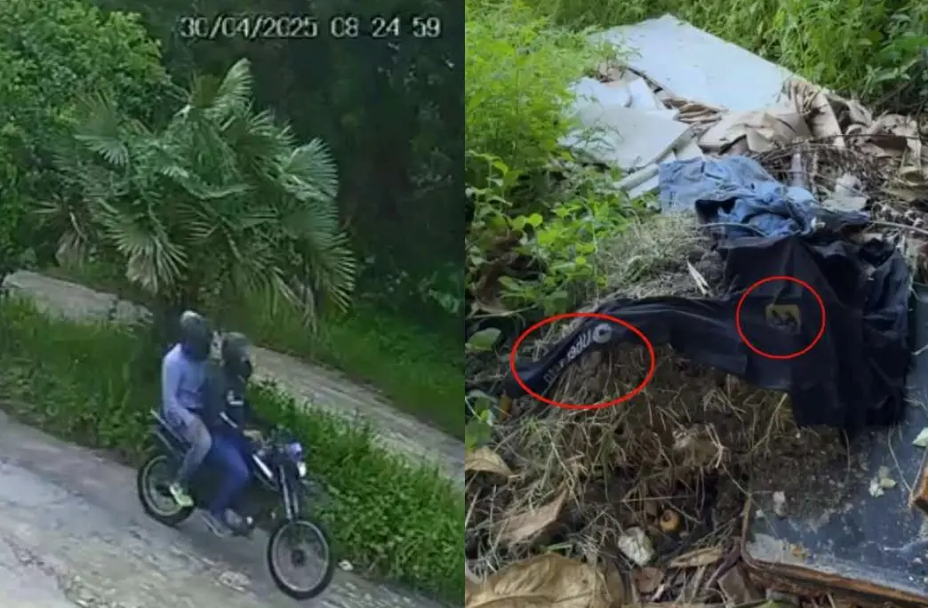 Foto-montagem de imagem de câmera de segurança mostra dois homens em motocicleta; e imagem de roupas arremessadas em matagal, em Fortaleza