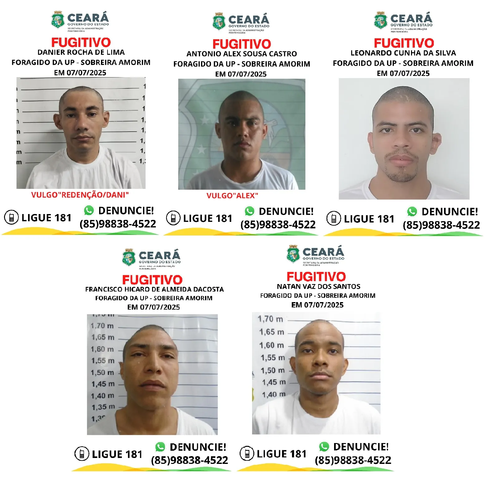 A Secretaria da Administração Penitenciária divulgou o nome e a foto dos presos que fugiram da UP-Sobreira Amorim