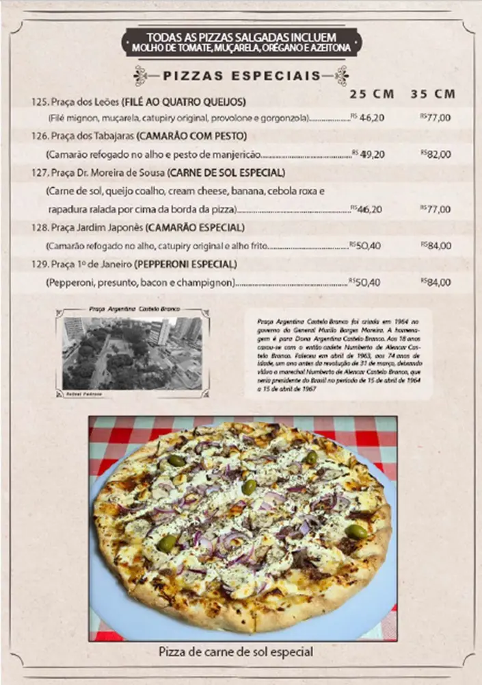 Na imagem, página do cardápio do Pizza na Praça, com seleção de sabores acompanhada de breve histórico de uma praça de Fortaleza
