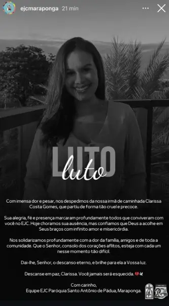 Print da postagem do grupo Encontro de Jovens com Cristo Maraponga (EJC Maraponga) de despedida de Clarissa Costa Gomes, nas redes sociais