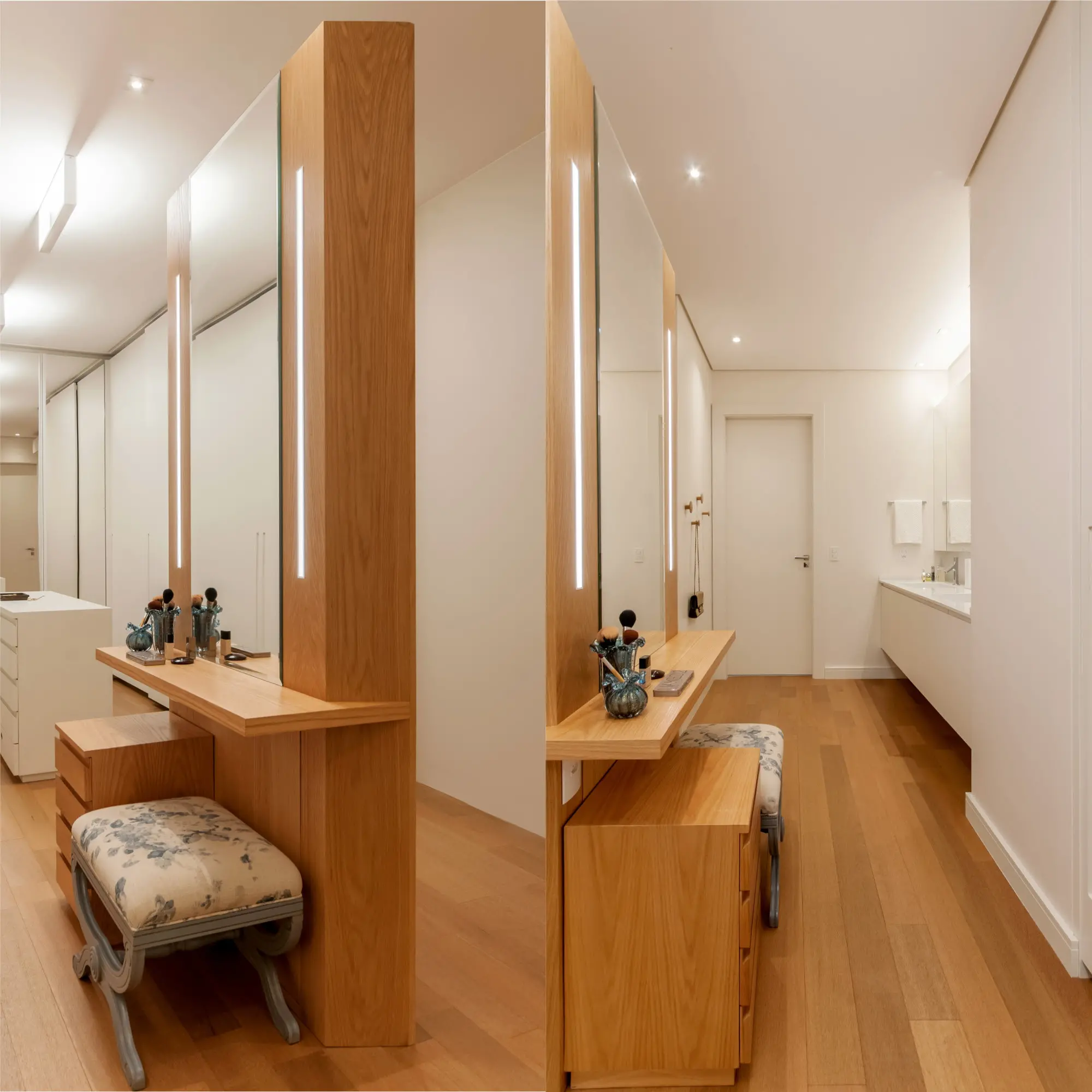 Uma das grandes exigências é que seja a penteadeira esteja em lugar com boa iluminação, seja natural ou de led, como no projeto da Paiva e Passarini Arquitetura na foto