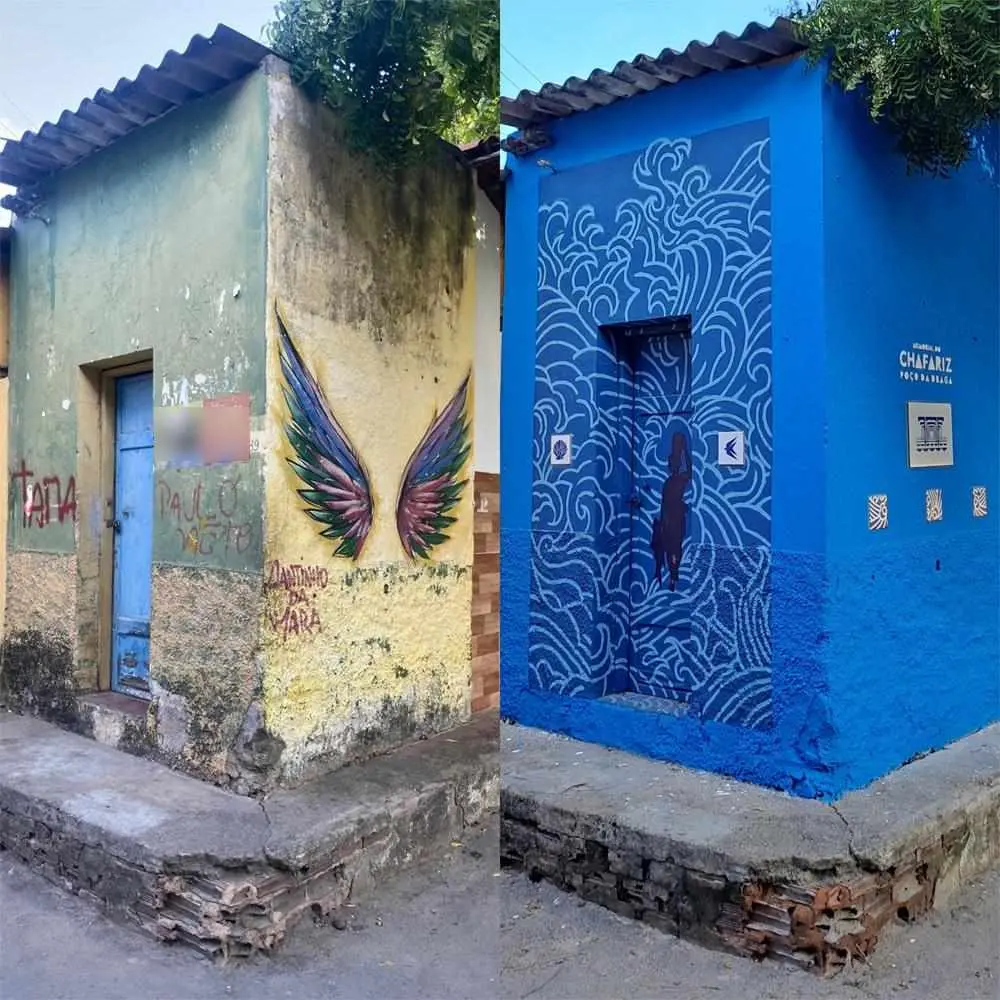 A imagem mostra uma comparação lado a lado de um pequeno edifício de canto antes e após ser transformado por uma pintura mural. No lado esquerdo, a foto 