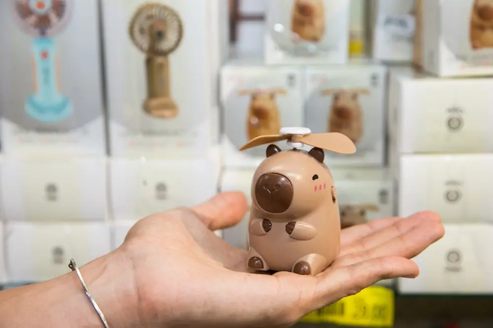 Na imagem, mini-ventilador com estética de capivara encontrado na NewShop, loja localizada no Centro da cidade