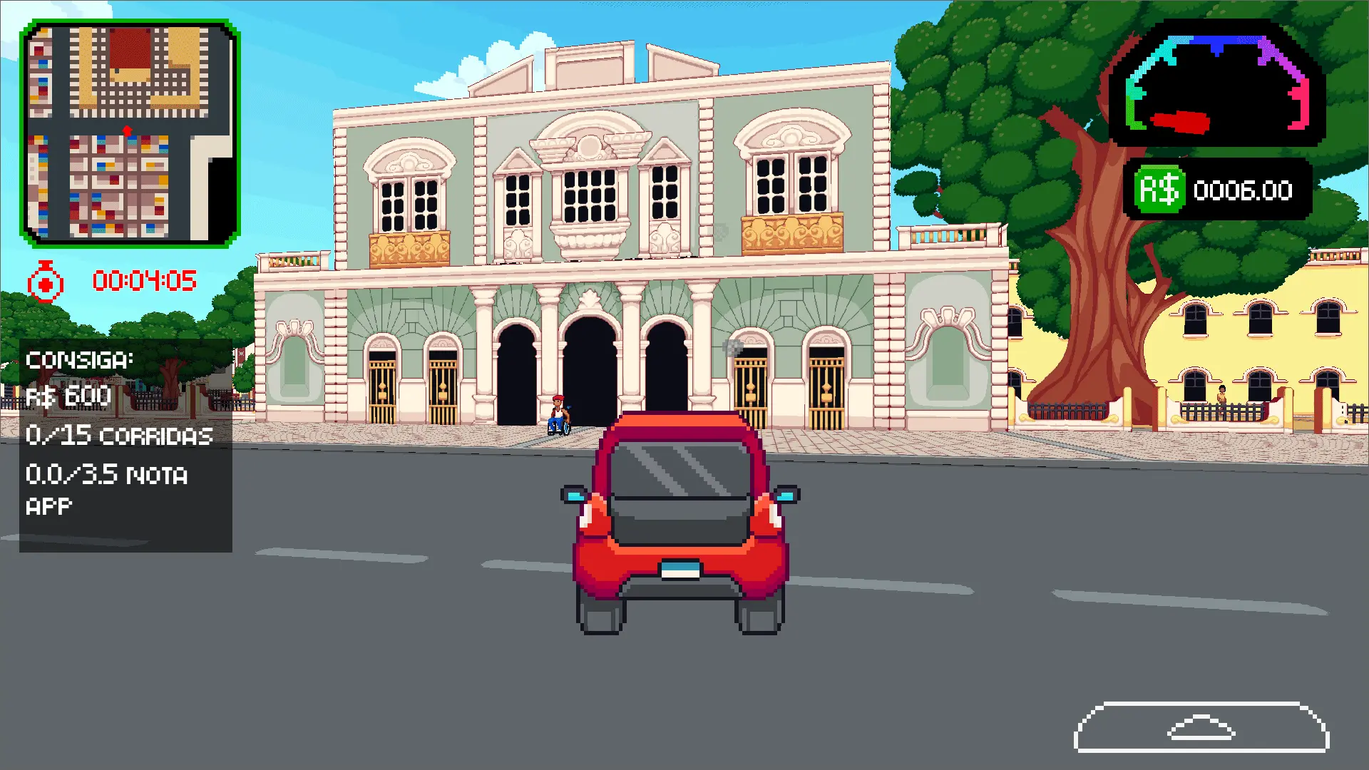Imagem de um jogo de corrida estilo pixel art de carro vermelho em estacionamento urbano com árvores e prédios ao fundo, interface de jogo exibindo scores e instruções.