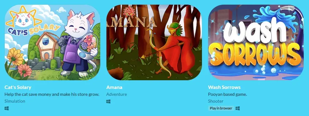 Imagem com três jogos disponíveis para jogar online: Cat's Solary, Amana, e Wash Sorrows. Cada jogo tem uma temática única e está acessível por plataformas digitais.