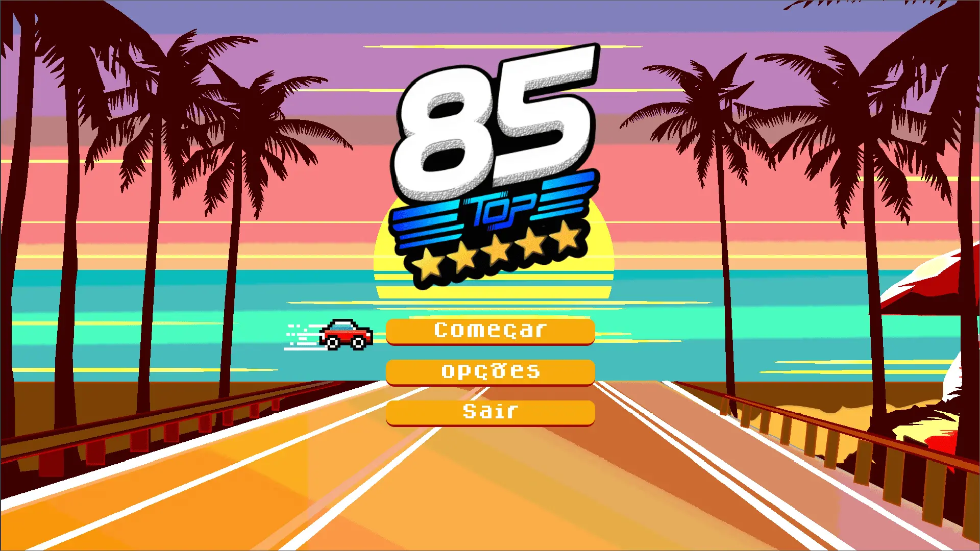 Tela de jogo de corrida retro com cenário de praia e palmeiras ao pôr do sol, exibindo opções de início, opções e sair, ideal para jogos de carro vintage.