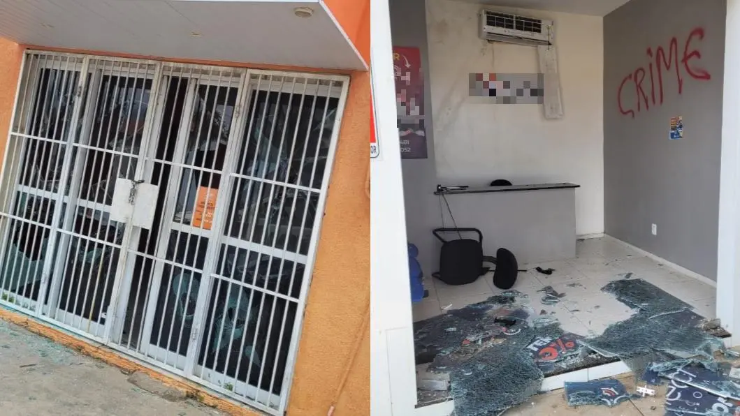 Fotos de lojas de empresas provedoras de internet atacadas por facção criminosa, na Capital e na Região Metropolitana de Fortaleza. Nas imagens, uma porta com o vidro estilhaçado e a outra porta quebrada. Criminosos picharam a palavra 'crime' em uma parede