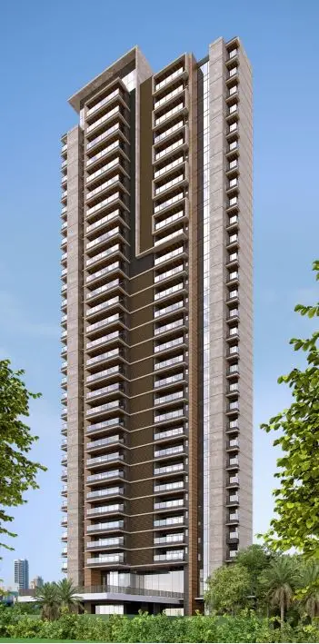 Imagem mostra representação de um edifício alto e moderno, com múltiplas varandas e uma fachada que combina tons de cinza, marrom e vidro. O prédio é retangular e se eleva contra um céu azul claro, com algumas árvores verdes na parte inferior da imagem.