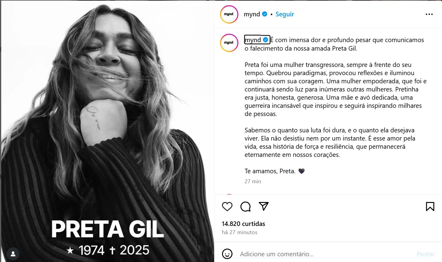 Postagem do Instagram da assessoria de preta gil