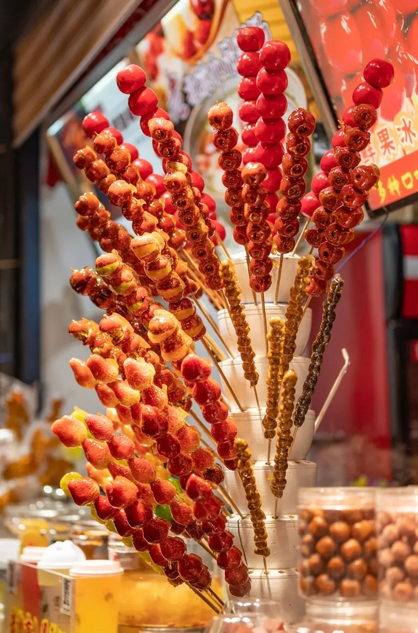 Doce chinês milenar tanghulu se assemelha ao morango e a à maçã do amor doce chinês morango do amor