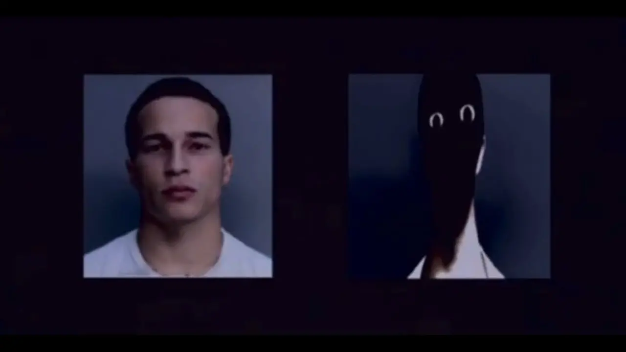 Imagem que mostra uma pessoa com rosto bem definido ao lado de uma figura escura e misteriosa com olhos brilhantes, criando um contraste visual marcante.
