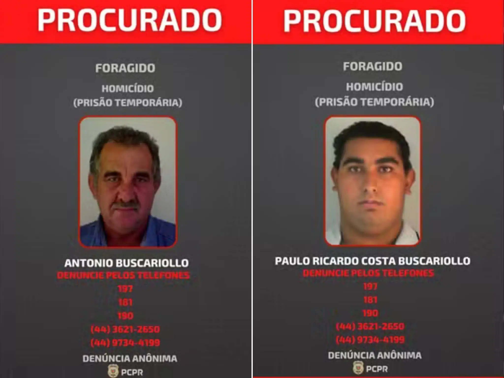 Fotos dos foragidos divulgadas pela Polícia Civil do Paraná
