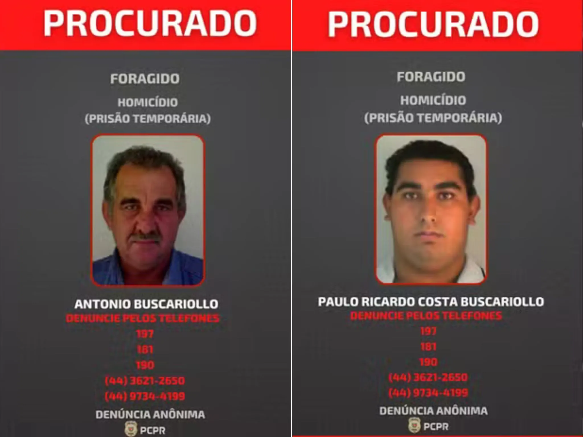 Fotos dos foragidos divulgadas pela Polícia Civil do Paraná